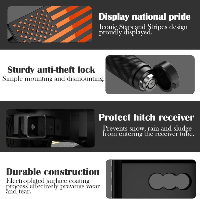 OGYE 2 Inch Trailer Hitch Cover with American Flag, Heavy Metal Trailer Hitch Cover Fit for 2 Inch Hitch Receivers (with 5/8" Pin Dia Anti-Theft Trailer Hitch Lock),3 * 5" Orange - Image 3